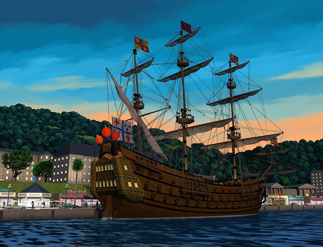 桟橋に係留した夜景の帆船イラスト